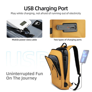Yellow and black compact waterproof backpack with USB charging port and dual charging ports