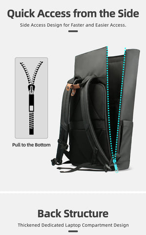 Black expandable roll-top travel backpack with side zipper quick-access opening