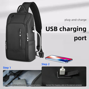 Black crossbody bag with built-in USB charging port and cable connection opening