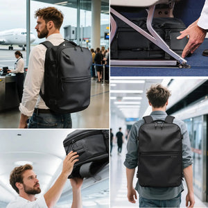 Black travel backpack on a person walking in an indoor terminal, with adjustable shoulder straps