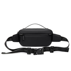 Black crossbody bag with wide adjustable strap and front zipper pocket