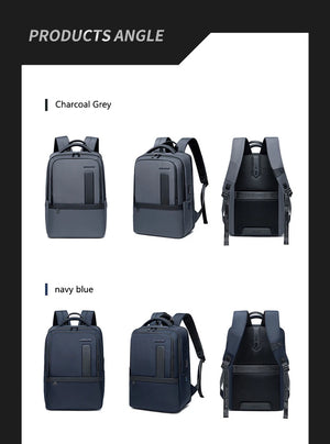 Waterproof travel backpack shown in charcoal grey and navy blue with multiple angles