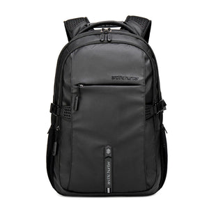 Black travel backpack with front zip pocket, padded straps, and side carry handles