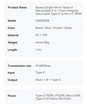 BASEUS Bright Mirror Series 2 Retractable 3in1 Fast Charging Data Cable
