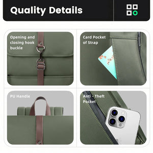 Green backpack detail close-up with metal buckle, card strap pocket, and anti-theft pocket