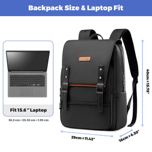 Black commuter backpack with front flap and straps, sized for up to 15.6-inch laptop