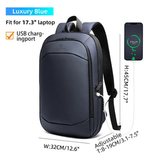 Blue waterproof travel backpack with USB charging port, padded back and shoulder straps