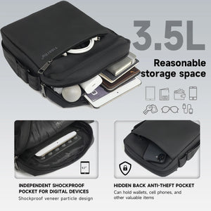 Black crossbody bag with open storage compartment for small devices