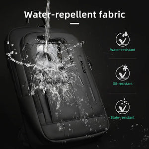 Black waterproof backpack with splash-resistant fabric and zippered front panel