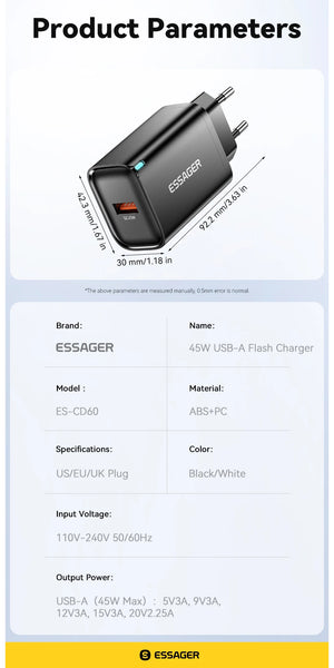 ESSAGER 45W USB Charger with QC3.0 and PD Fast Charging - White