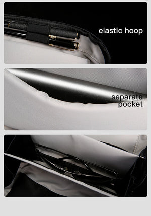 Tech bag interior details: elastic hoop, separate pocket, cable storage