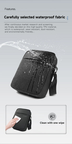Black waterproof crossbody bag with water-splash test on fabric surface.