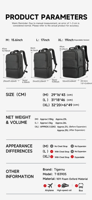 TIGERNU B3905 Large Capacity Waterproof Travel Backpack with USB Charging Port