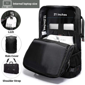 Black hiking backpack with internal laptop sleeve and zippered rain cover pocket