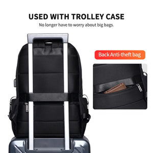 Black backpack with trolley sleeve and anti-theft back pocket detail
