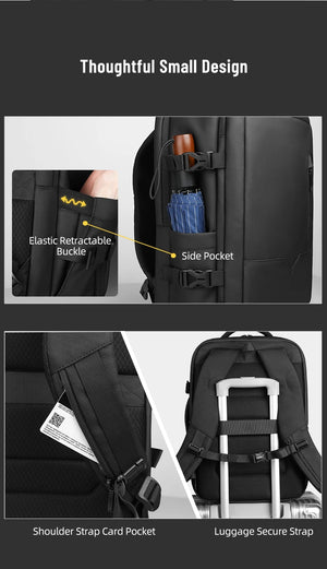 Black waterproof travel backpack with side pocket and elastic retractable buckle