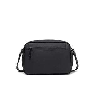 Black crossbody bag with zippered front pocket and adjustable shoulder strap