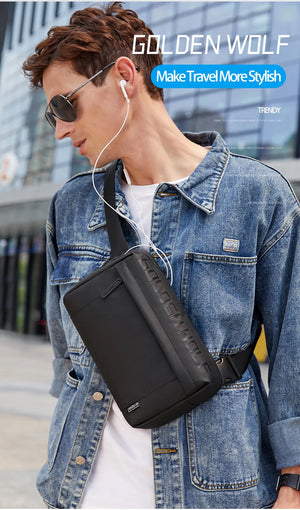 Black crossbody sling bag worn across chest with adjustable shoulder strap