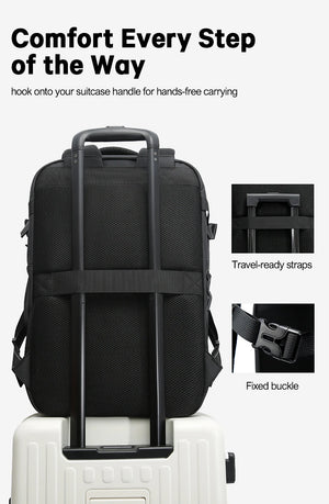 Black travel backpack with front straps and top handle, shown from front