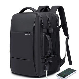 Black waterproof travel backpack with front panel and dual front zipper compartments