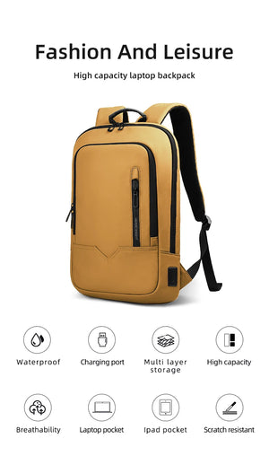 Yellow compact waterproof backpack with top handle, front zipper pocket, and adjustable straps