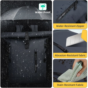 Dark roll-top waterproof backpack with water-resistant zipper and abrasion-resistant fabric