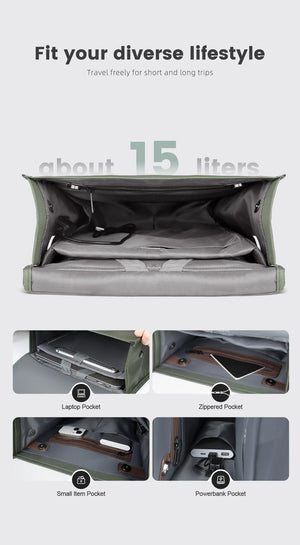 Green backpack open view showing interior compartments and secured pockets