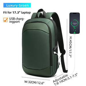 Green waterproof travel backpack with USB charging port, padded back and straps