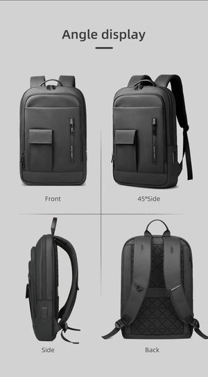 Dark gray backpack angles: front, side, and back views with front zip pocket