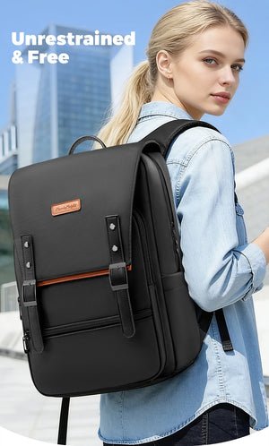 Black commuter backpack with front flap, orange trim, and padded shoulder straps