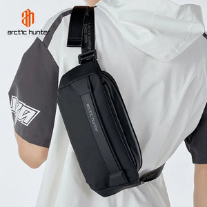 Black crossbody bag worn across chest; side view shows zip pocket and wide strap.