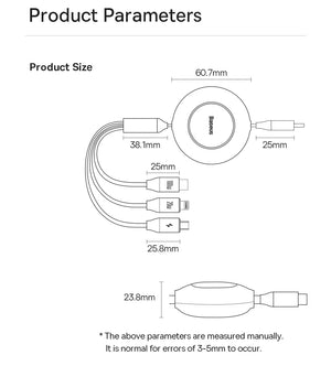BASEUS Bright Mirror Series 2 Retractable 3in1 Fast Charging Data Cable