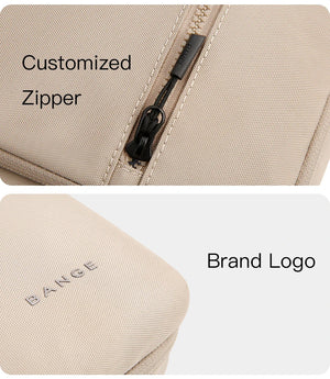 Beige laptop bag with custom zipper pull and embossed brand logo
