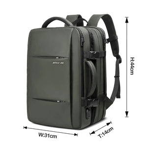 Green expandable travel backpack with front zip pocket, padded back, and adjustable straps
