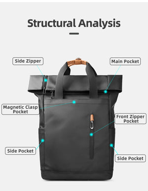 Black expandable roll-top travel backpack front view with side pockets and front zip