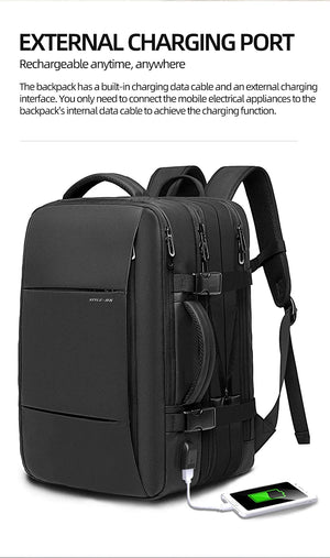 Waterproof travel backpack with external charging port and built-in cable for power bank