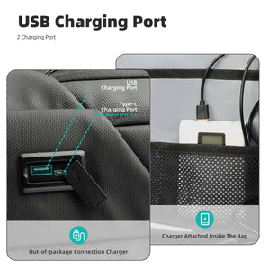Waterproof backpack with USB charging port detail and Type-C connection