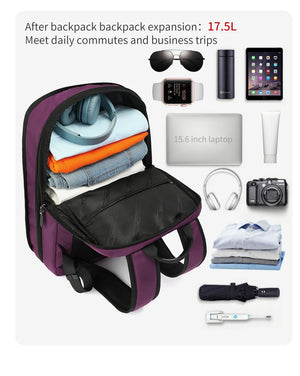 Purple expandable backpack with open front pouch and storage space for gear