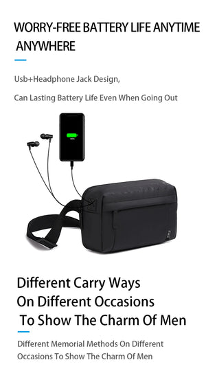 Lightweight black waterproof crossbody bag with adjustable shoulder strap and front zip pocket