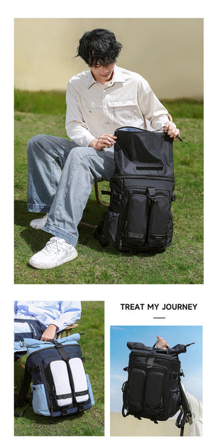 Blue and black travel backpack on seated person with side compartments and front zipper pockets