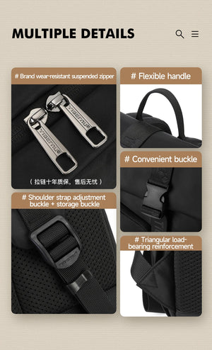 Black compact commuter backpack with reinforced zipper pulls, buckle strap, and handle