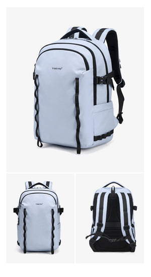 Light blue waterproof travel backpack with striped panels, front zip pocket, shoulder straps