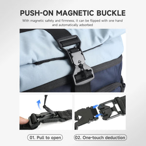 Travel backpack strap with magnetic buckle latch on a blue and navy bag