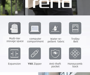 Black backpack with expandable storage, anti-theft pocket, and honeycomb-style back