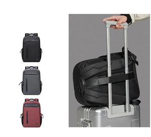 Black waterproof travel backpack with trolley strap and top handle