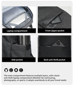 Grey lightweight waterproof compact backpack with laptop compartment and front zipper pocket