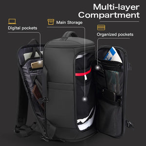 Waterproof backpack with multi-layer interior, organized pockets, and mesh side storage compartment