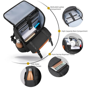 Black backpack open to show laptop compartment and multiple organizer pockets