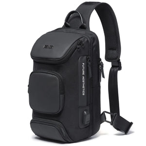 Black compact crossbody sling bag with front pockets and adjustable shoulder strap