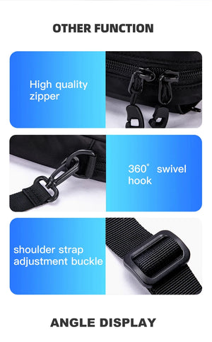 Black crossbody messenger bag details: quality zipper, 360° swivel hook, adjustable strap